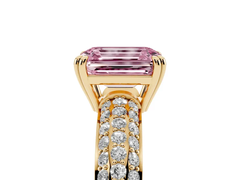 Emerald Cut Three Row Pave Engagement Ring Setting for a Fancy Pink Lab-Grown Diamond | Yellow Gold