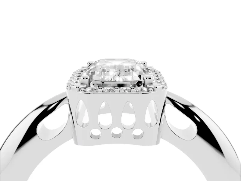 Emerald Cut Halo Engagement Ring Setting | Plain Tapered Band | Sterling Silver