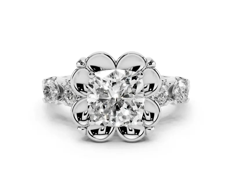 Cushion Cut Diamond Floral Halo Ring Set in Silver with Shared Prong Band