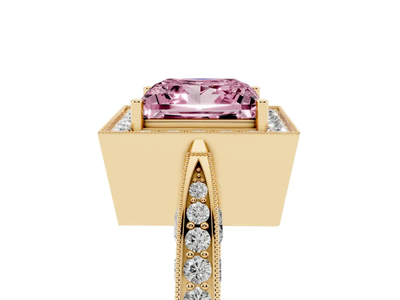 Princess Cut Milgrain Halo Engagement Ring Setting for a Fancy Pink Lab-Grown Diamond | Side Stones | Yellow Gold
