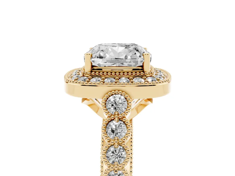 Cushion Cut Milgrain Halo Engagement Ring Setting | Graduated Bezel Accents | Yellow Gold