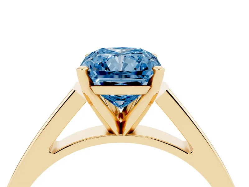 Fancy Blue Radiant Cut Diamond Solitaire Engagement Ring Set in Yellow gold with Prong Setting and Tapered Band