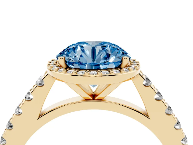 Fancy Blue Round Cut Diamond Halo Engagement Ring Set in Yellow gold with Pavé Band and Prong Setting