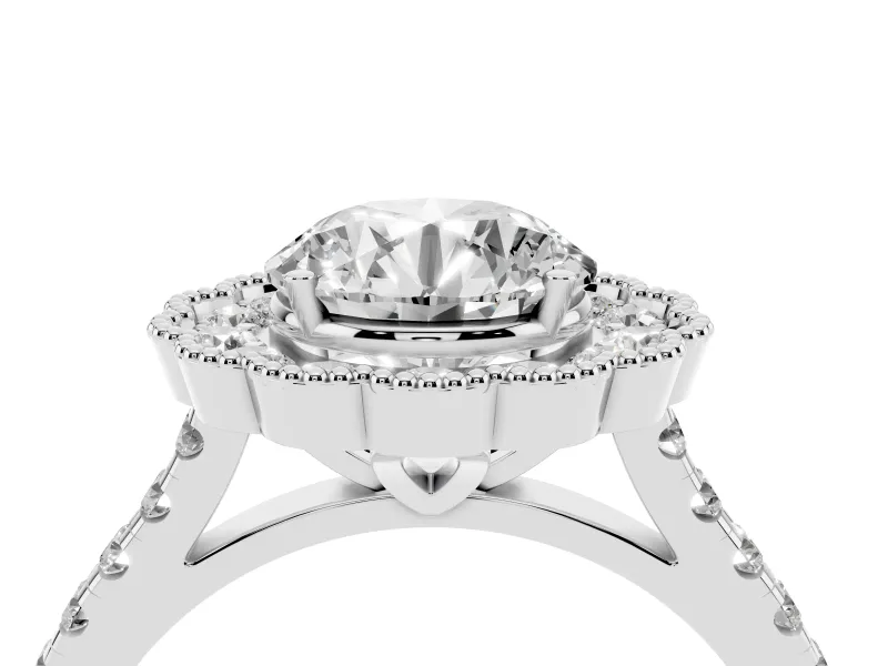 Round Cut Diamond Milgrain Floral Halo Engagement Ring Set in Platinum with Pavé Band