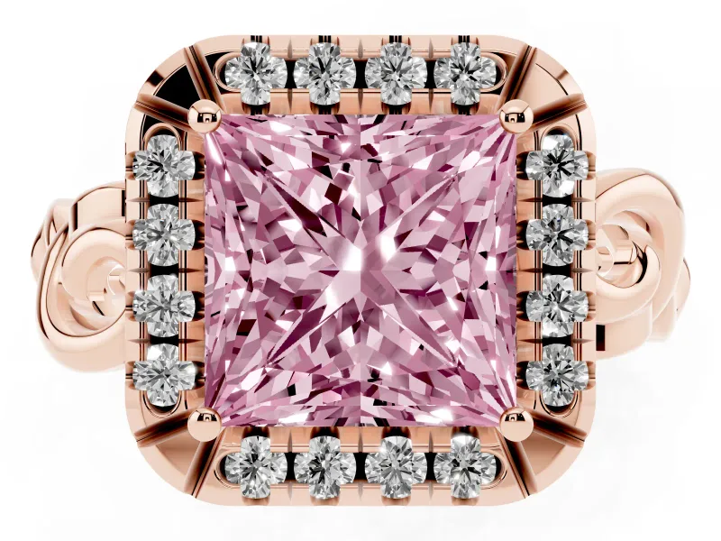 Fancy Pink Princess Cut Diamond Halo Ring Set in Rose gold with Scrollwork Band and Prong Setting