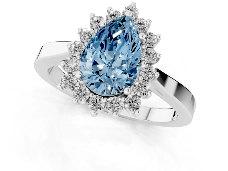 Fancy Blue Pear Cut Diamond Halo Ring Set in Silver with Round Halo and Smooth Solitaire Band