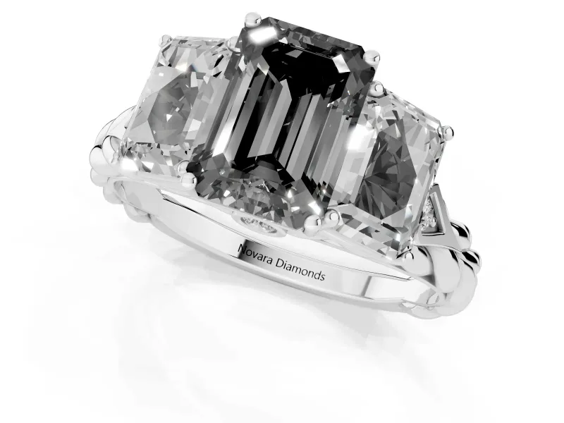Fancy Black Emerald Cut Diamond Three-Stone Ring Set in Platinum with Braided Band