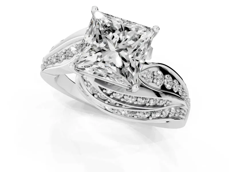 Princess Cut Diamond Solitaire Ring Set in Silver with Layered Twist Pavé Band