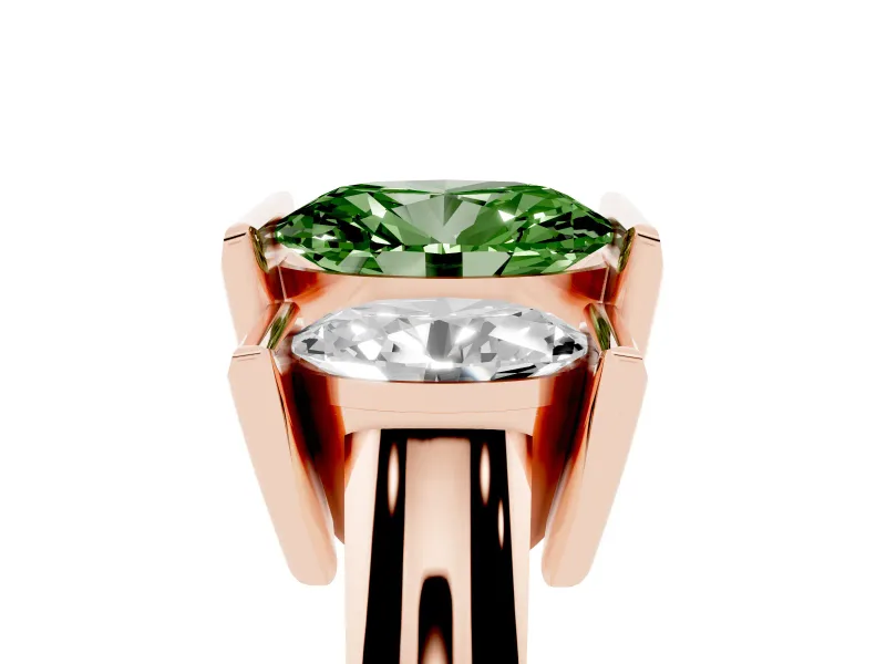 Fancy Green Oval Cut Diamond Three-Stone Channel Set Ring Set in Rose gold with Smooth Polished Band