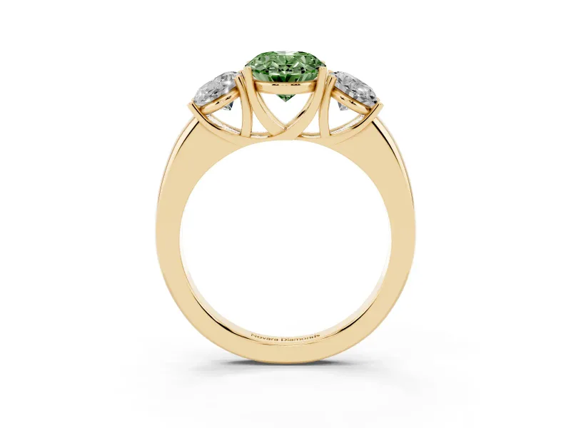 Oval Three Stone Engagement Ring Setting for a Fancy Green Lab-Grown Diamond | Matching Side Stones | Yellow Gold
