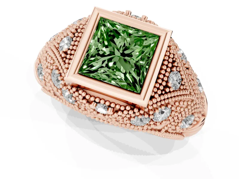 Fancy Green Princess Cut Diamond Bezel Ring Set in Rose gold with Milgrain Accent Band