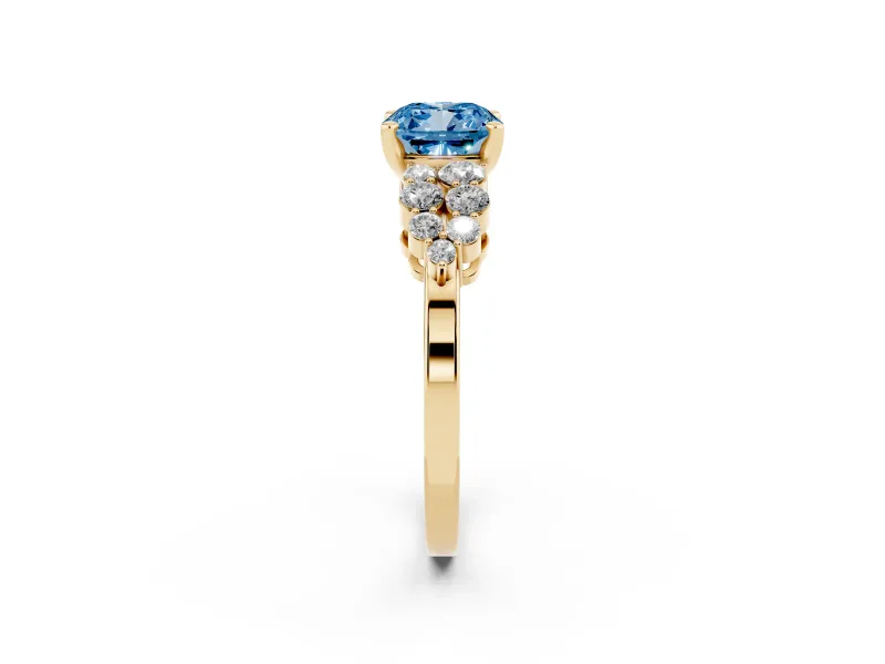 Fancy Blue Cushion Cut Diamond Cluster Engagement Ring Set in Yellow gold with Pavé Band and Prong Setting