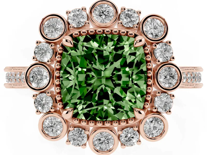 Fancy Green Cushion Cut Diamond Halo Milgrain Pavé Ring Set in Rose gold with Prong Setting