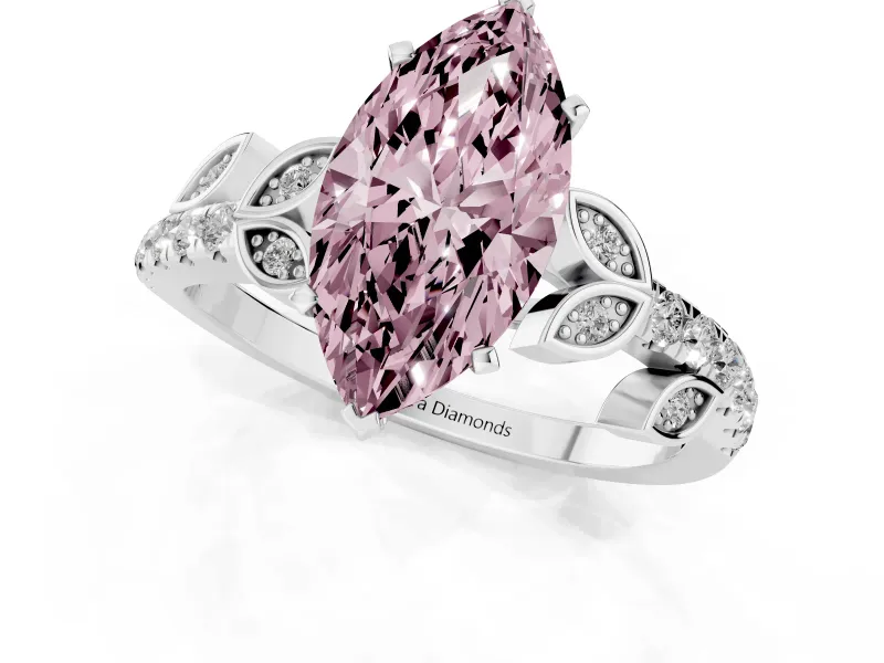 Fancy Pink Marquise Cut Diamond Solitaire Leaf-Inspired Ring Set in White gold with Pavé Band and Prong Setting