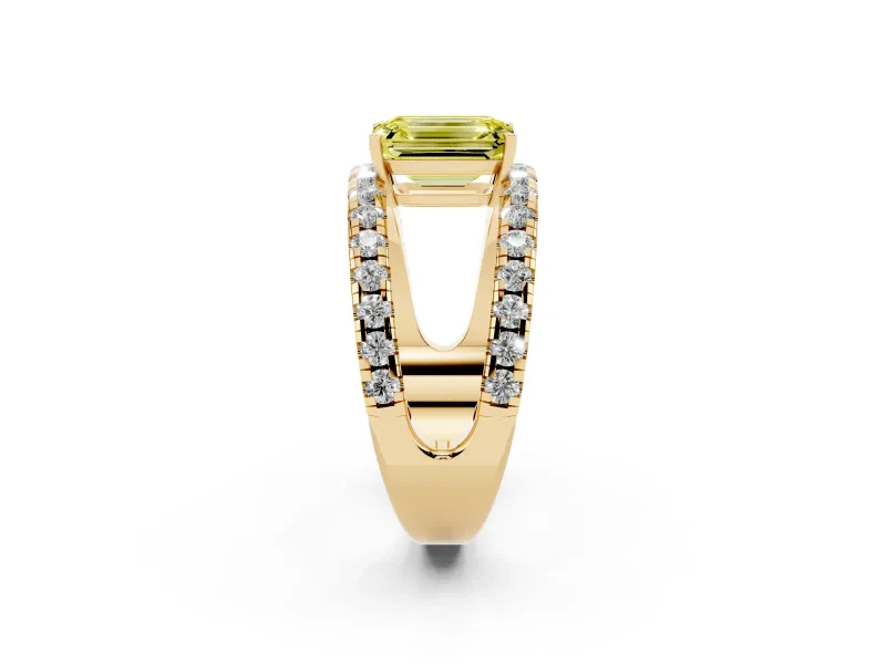 Emerald Cut Split Shank Pavé Engagement Ring Setting for a Fancy Yellow Lab-Grown Diamond | Yellow Gold