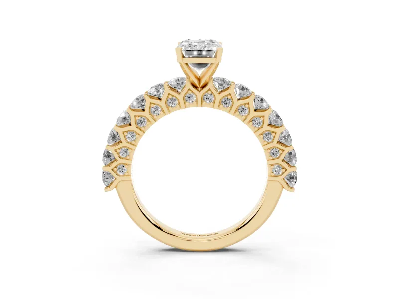 Emerald Cut Shared Prong Engagement Ring Setting | Two-Row Band | Yellow Gold