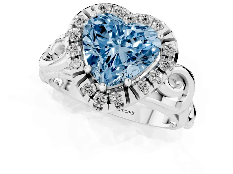Fancy Blue Heart Cut Diamond Halo Ring Set in Platinum with Scrollwork Band and Prong Setting