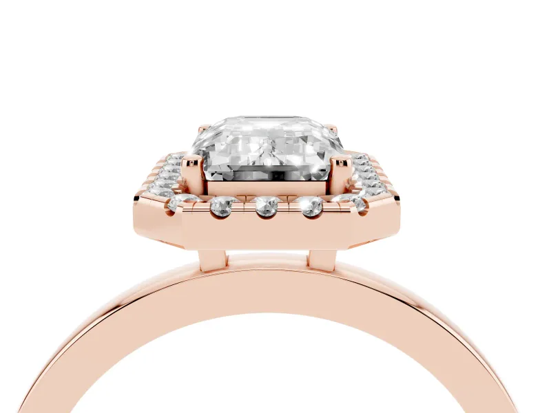 Emerald Cut Thin Halo Engagement Ring Setting | Plain Polished Band | Rose Gold