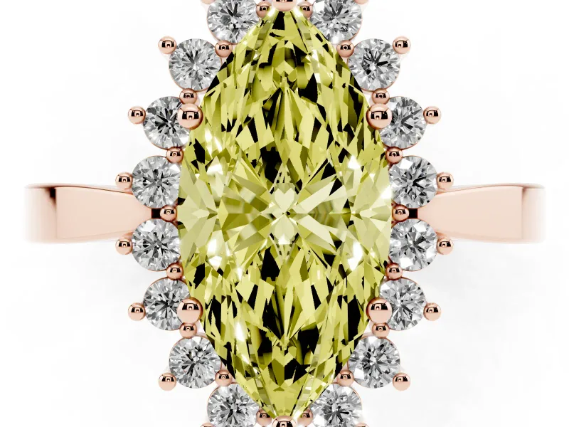Fancy Yellow Marquise Cut Diamond Halo Ring Set in Rose gold with Round Halo and Smooth Solitaire Band