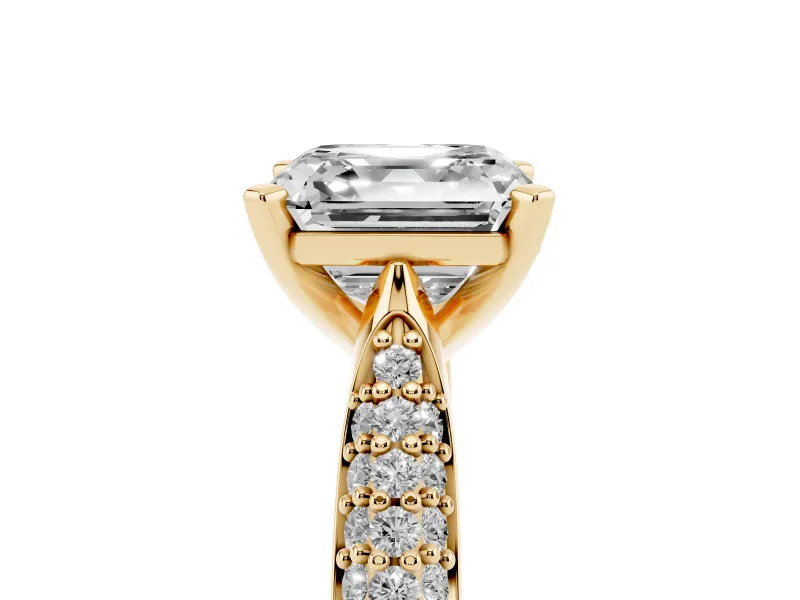 Asscher Cut Diamond Solitaire Engagement Ring Set in Yellow gold with Multi-Row Round Pavé Band and Prong Setting
