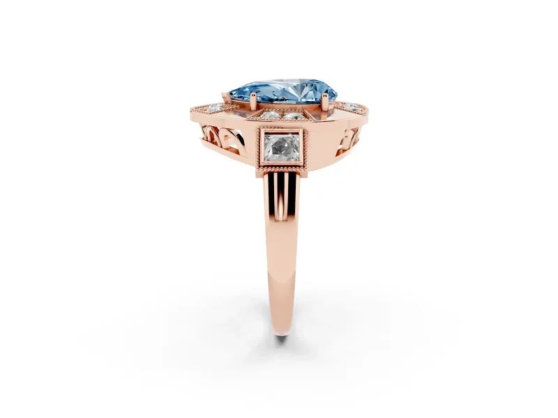 Fancy Blue Pear Cut Diamond Milgrain Halo Ring Set in Rose gold with Split Shank