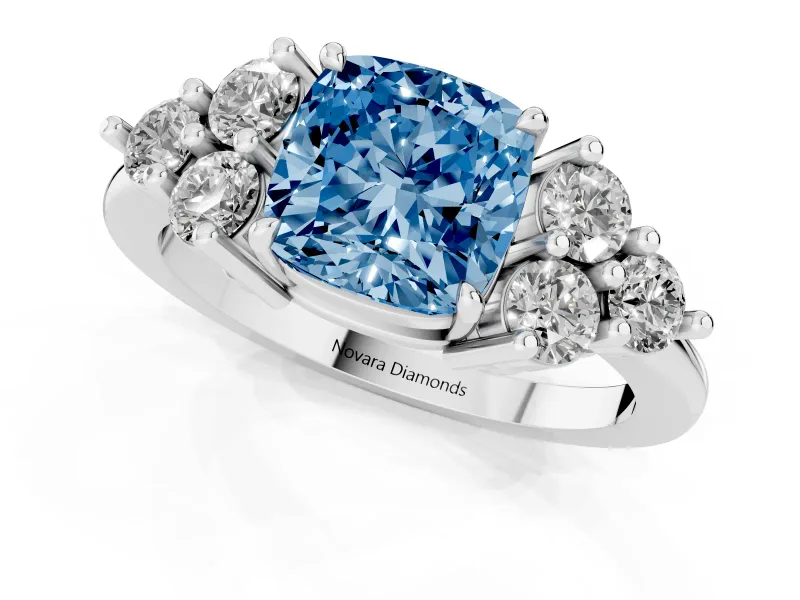 Fancy Blue Cushion Cut Diamond Solitaire Ring Set in Platinum with Cluster Accents on Each Side