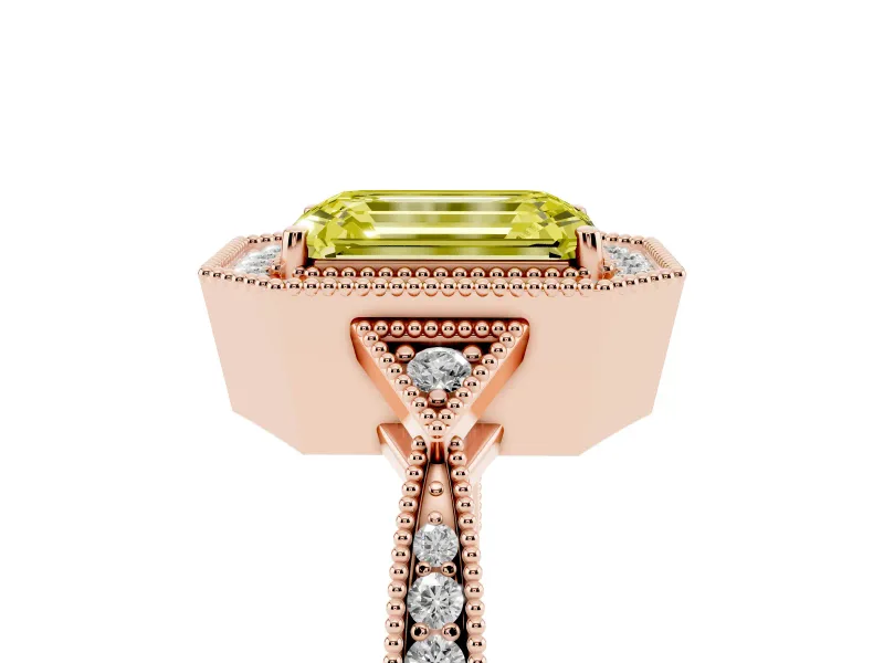 Emerald Cut Milgrain Halo Engagement Ring Setting for a Fancy Yellow Lab-Grown Diamond | Graduated Pavé | Rose Gold