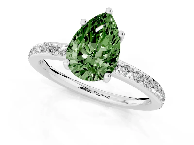 Fancy Green Pear Cut Diamond Pavé Band Ring Set in Platinum with Prong-Set Center Stone