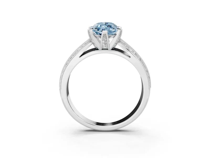 Fancy Blue Marquise Cut Diamond Solitaire Ring Set in Silver with Milgrain Double Row Round Pavé Band