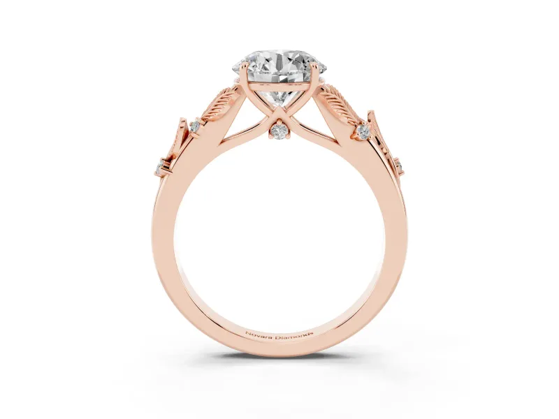 Round Leaf Motif Solitaire Engagement Ring Setting | Accented Leaves | Rose Gold