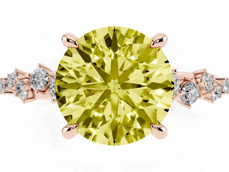 Fancy Yellow Round Cut Diamond Solitaire Vine Band Ring Set in Rose gold with Round Accents and Prong Setting