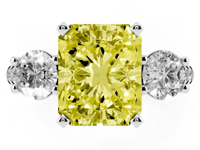 Fancy Yellow Three-Stone Radiant Cut Diamond Pavé Band Ring Set in Silver with Prong-Set Trio