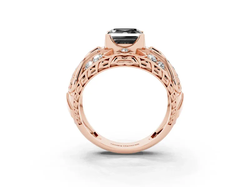 Fancy Black Asscher Cut Diamond Art Deco Ring Set in Rose gold with Pavé Split Shank