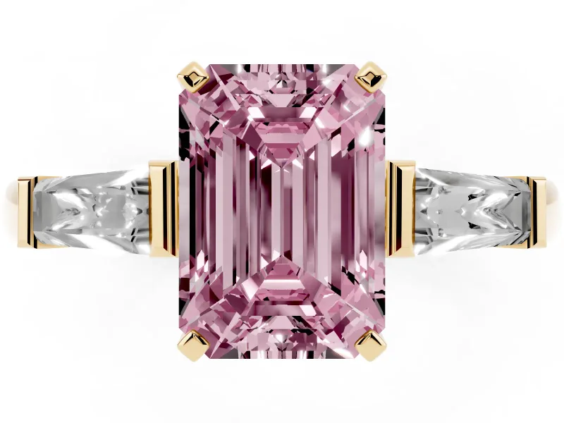 Fancy Pink Emerald Cut Diamond Solitaire Ring Set in Yellow gold with Tapered Baguette Side Stones and Prong Setting