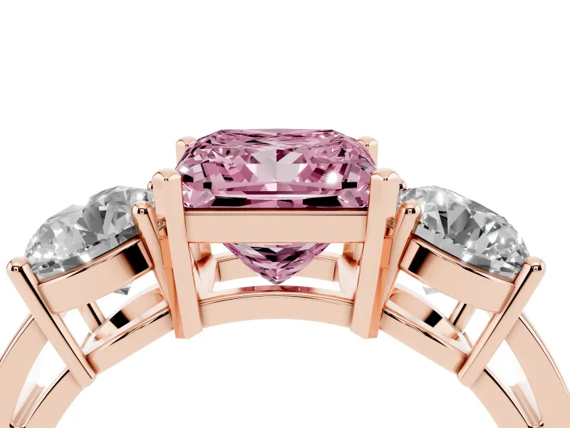 Princess Cut Three Stone Engagement Ring Setting for a Fancy Pink Lab-Grown Diamond | Wide Plain Band | Rose Gold
