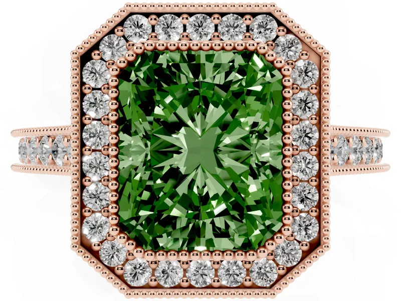 Radiant Cut Vintage Milgrain Halo Engagement Ring Setting for a Fancy Green Lab-Grown Diamond | Bezel Head | Rose Gold