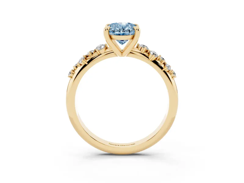 Fancy Blue Oval Cut Diamond Solitaire Vine Band Ring Set in Yellow gold with Round Accents and Prong Setting