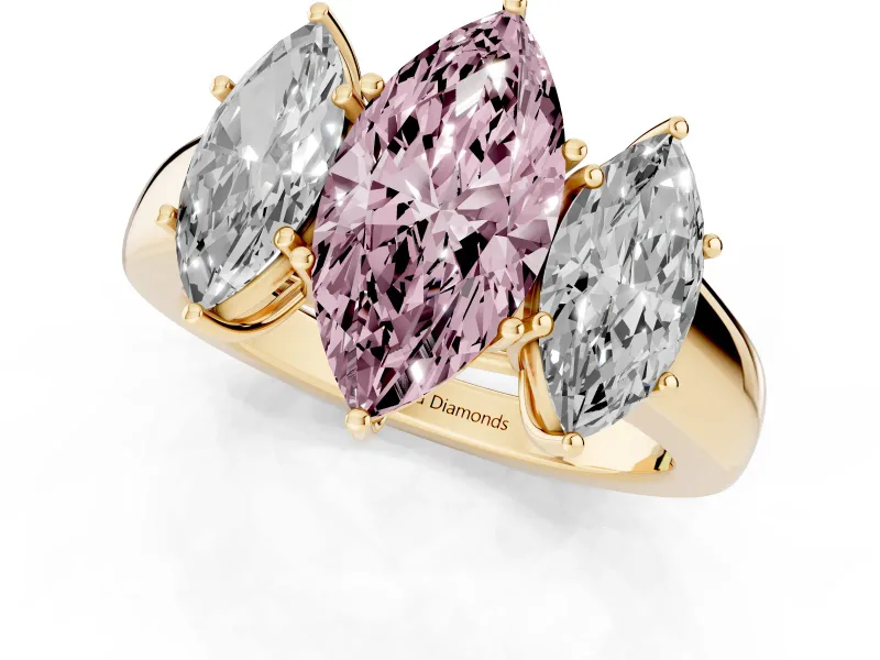Fancy Pink Three-Stone Marquise Cut Diamond Ring Set in Yellow gold with Matching Prong Settings and Plain Band