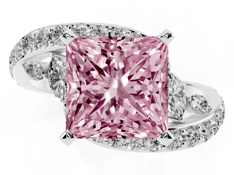 Fancy Pink Princess Cut Diamond Solitaire Ring Set in Platinum with Pavé Twist Band and Secure Prong Setting