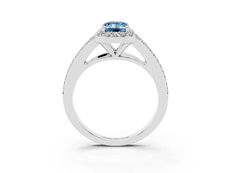 Emerald Cut Halo Engagement Ring Setting for a Fancy Blue Lab-Grown Diamond | V-Split Pavé Band | Sterling Silver