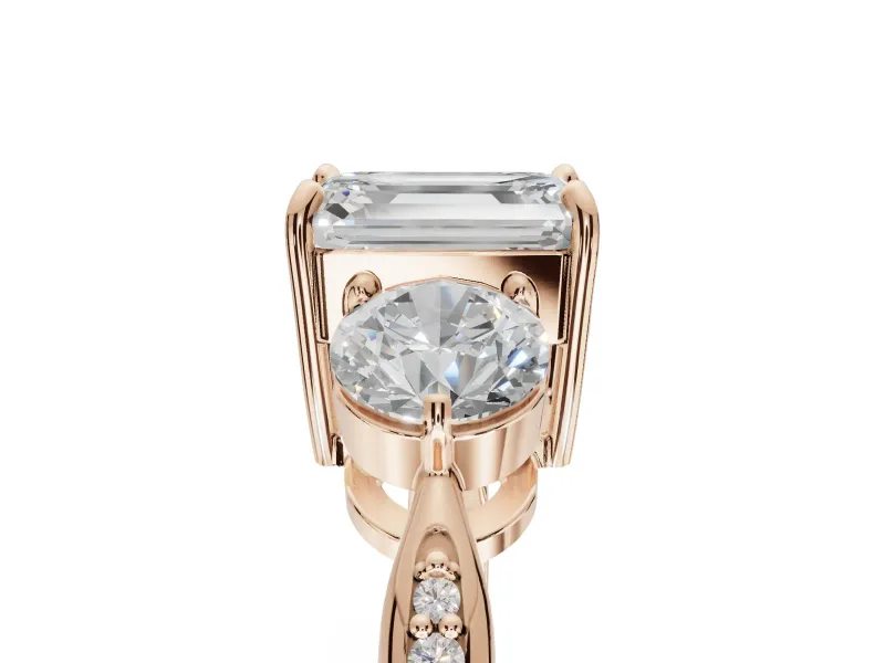 Emerald Cut Three Stone Engagement Ring Setting | Tapered Pave Band | Rose Gold