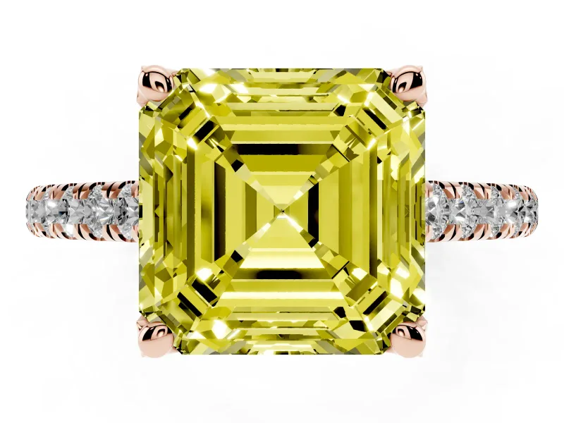 Asscher Cut Hidden Halo Pave Engagement Ring Setting for a Fancy Yellow Lab-Grown Diamond | Claw Prongs | Rose Gold