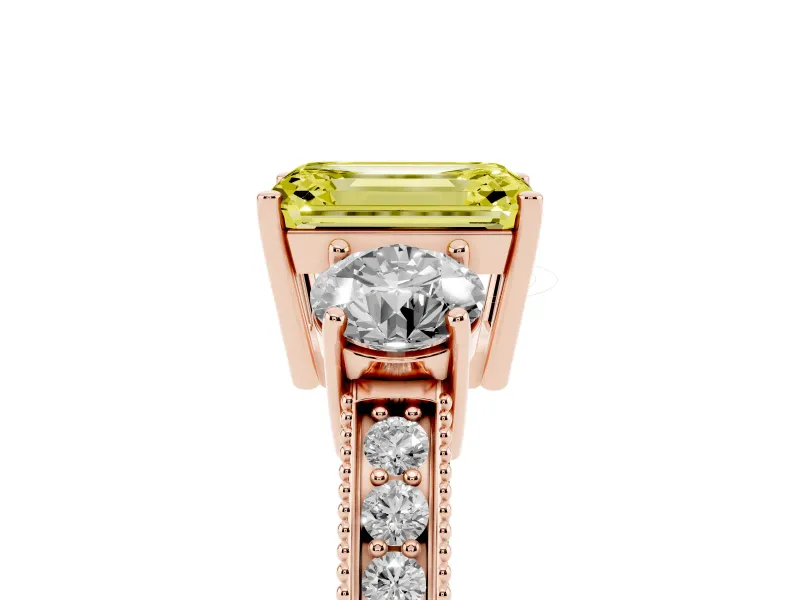 Fancy Yellow Emerald Cut Diamond Three-Stone Ring Set in Rose gold with Round Side Stones and Pavé Band