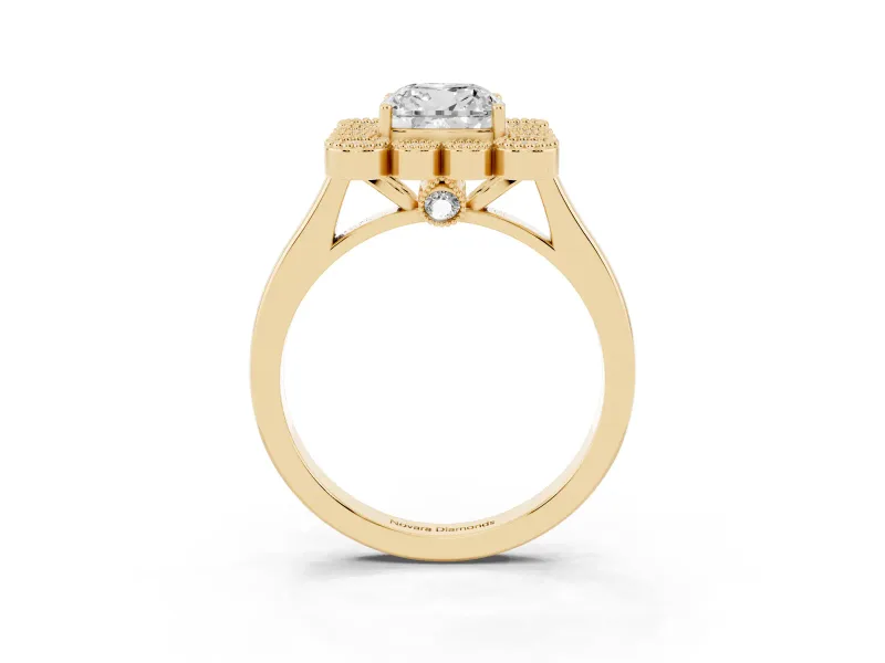 Cushion Cut Vintage Milgrain Bezel Cluster Halo Engagement Ring Setting | Plain Band | Yellow Gold