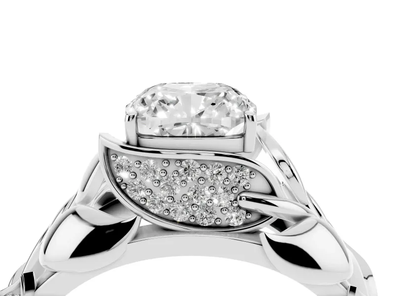 Cushion Cut Leaf Bypass Engagement Ring Setting | Pave Leaf Accents | White Gold