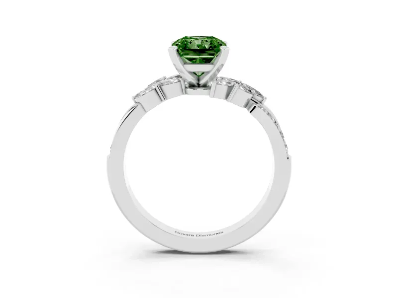 Fancy Green Radiant Cut Diamond Solitaire Ring Set in Platinum with Marquise Twist Band and Prong Setting