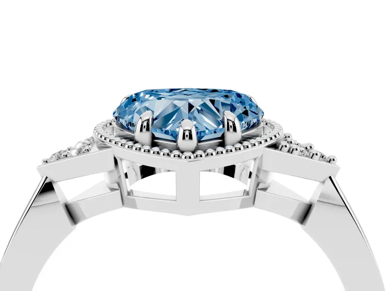 Fancy Blue Heart Cut Diamond Milgrain Solitaire Ring Set in Platinum with Tapered Pavé Band and Prong Setting