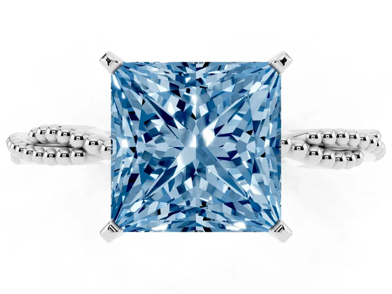 Fancy Blue Princess Cut Diamond Solitaire Ring Set in White gold with Twisted Band and Bead Prong Setting