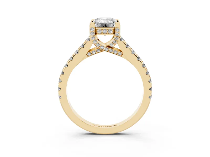 Emerald Cut Hidden Halo Pave Engagement Ring Setting | Claw Prongs | Yellow Gold
