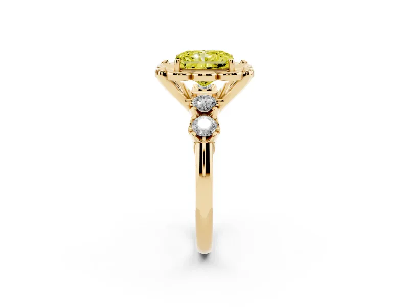 Fancy Yellow Radiant Cut Diamond Floral Halo Ring Set in Yellow gold with Shared Prong Band